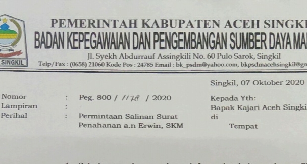 BKPSDM Surati Kejari Singkil Terkait Proses Hukum Kadiskes Aceh Singkil